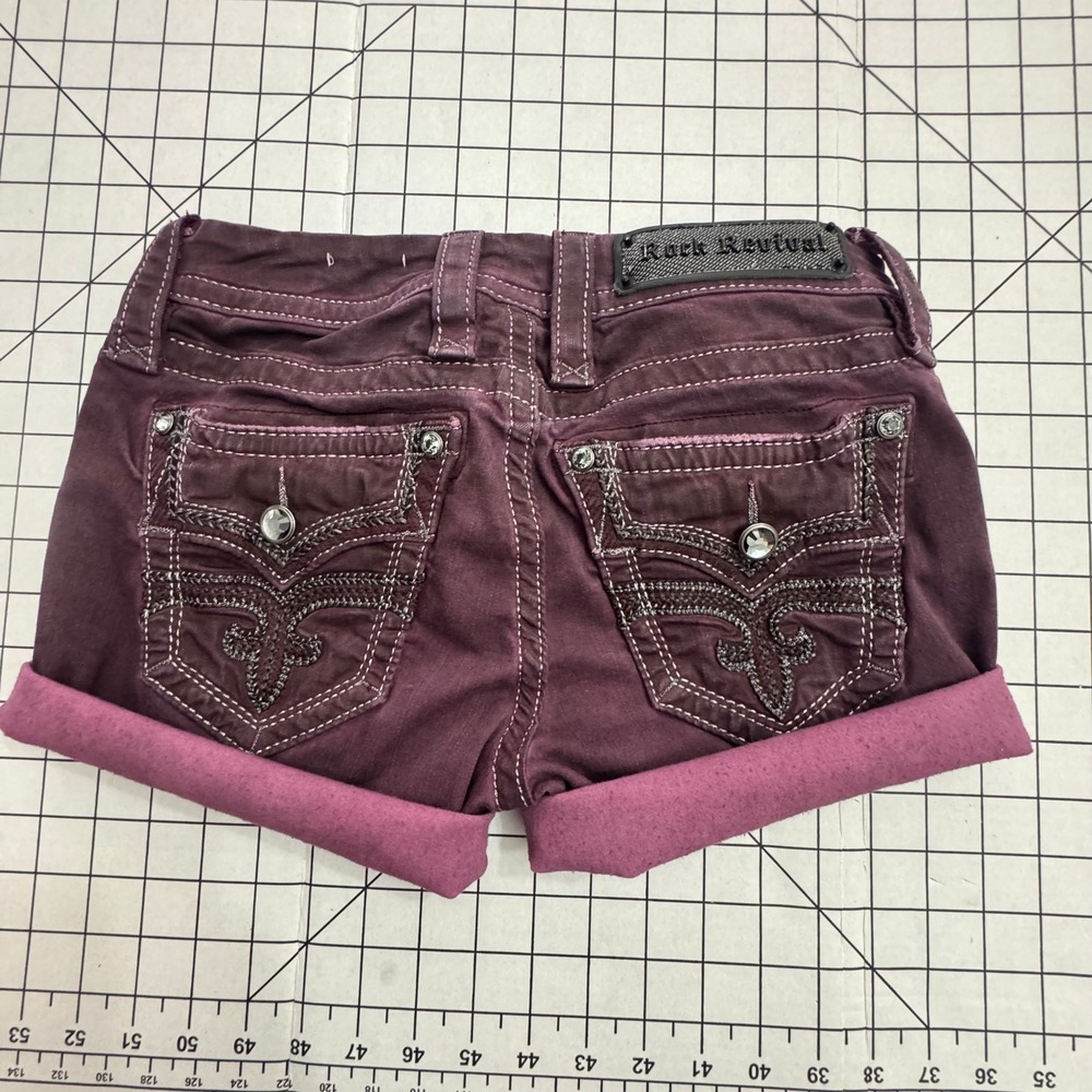 Rock Revival Margie Purple Cuffed Denim Shorts Fleur De Lis Embellished Size 25